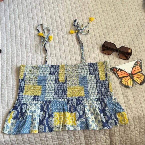 Natural life blue yellow boho floral patchwork smocked ruffle hem tops L XL - Picture 2 of 13
